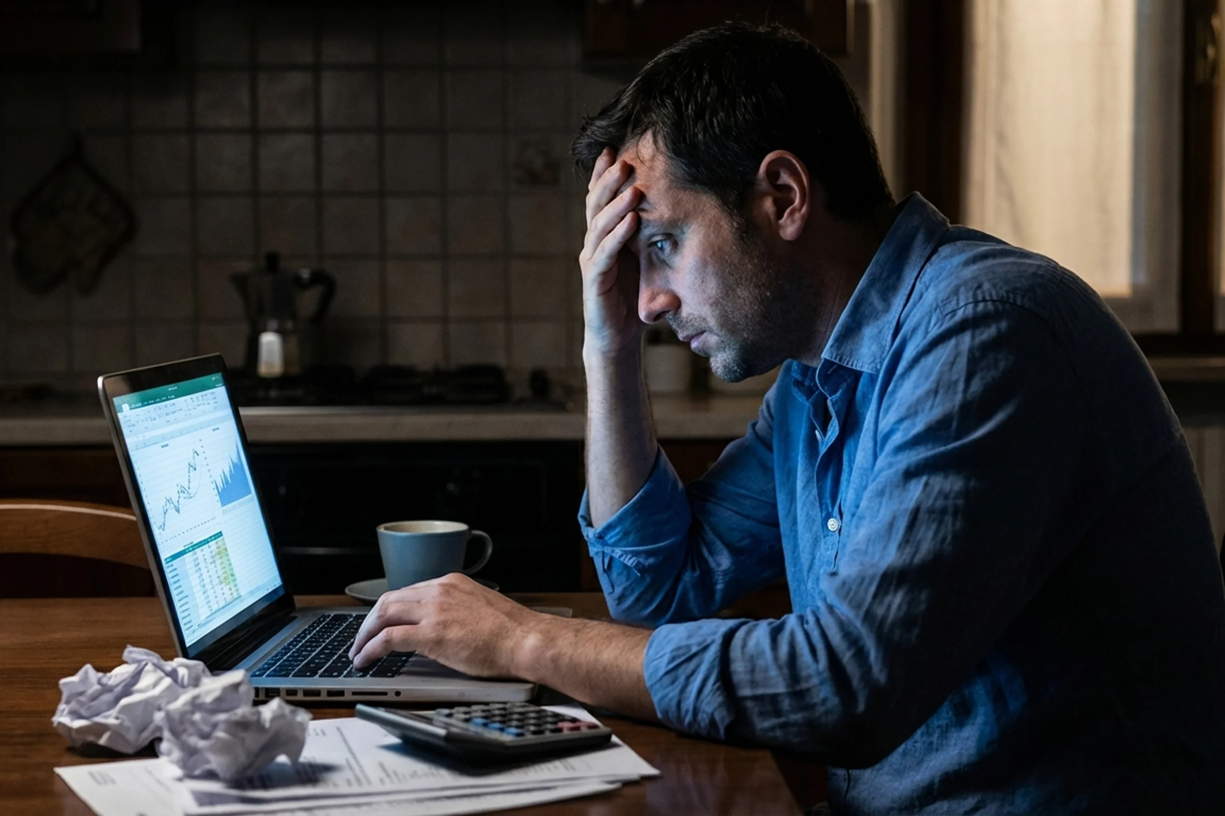 Imprenditore analizza bilancio aziendale con costi fissi sede, evidenziando chiusura sede pmi per ridurre spese