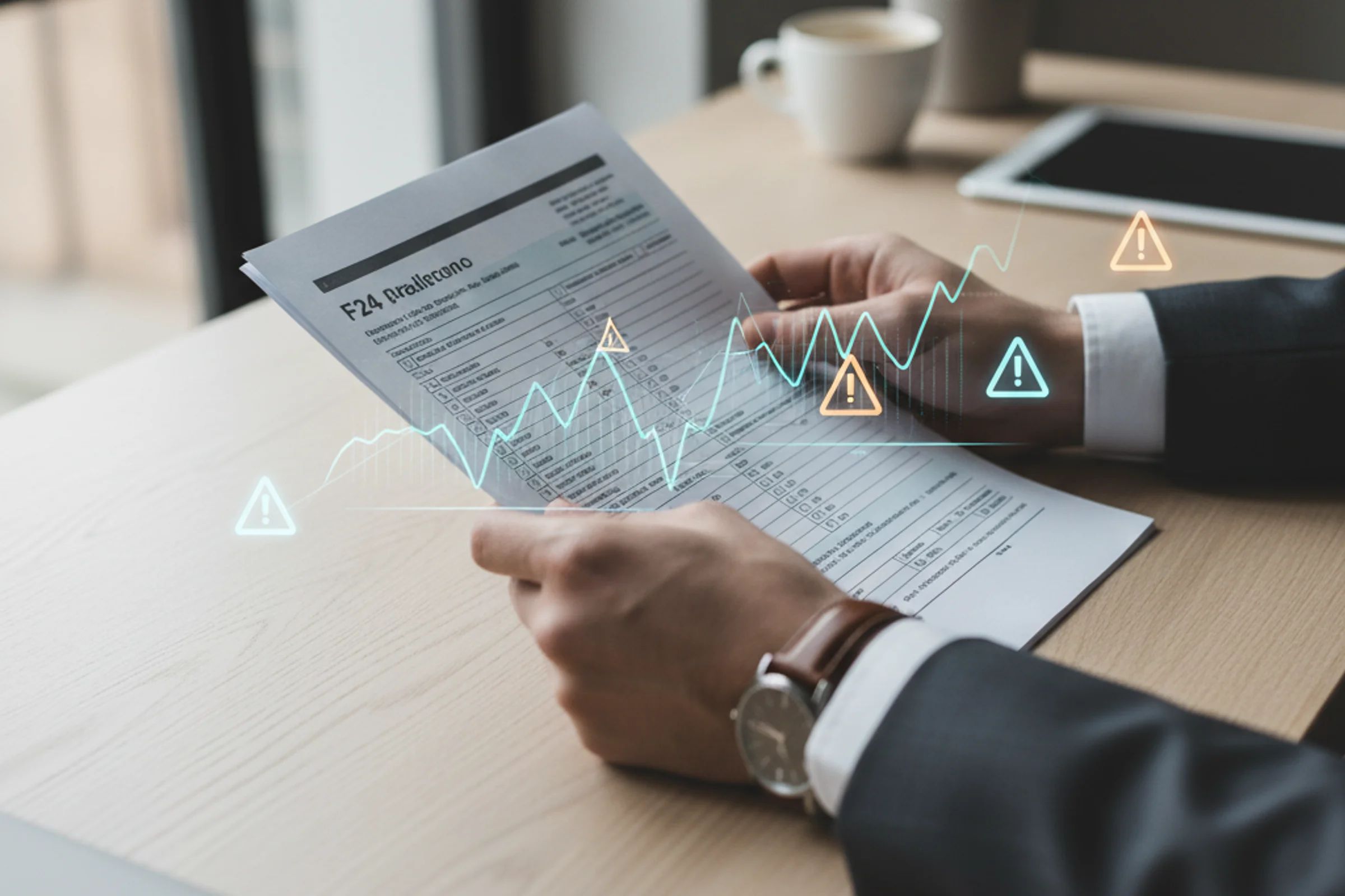 Imprenditore analizza documenti F24 alla scrivania per individuare segnali precoci di crisi di liquidità aziendale