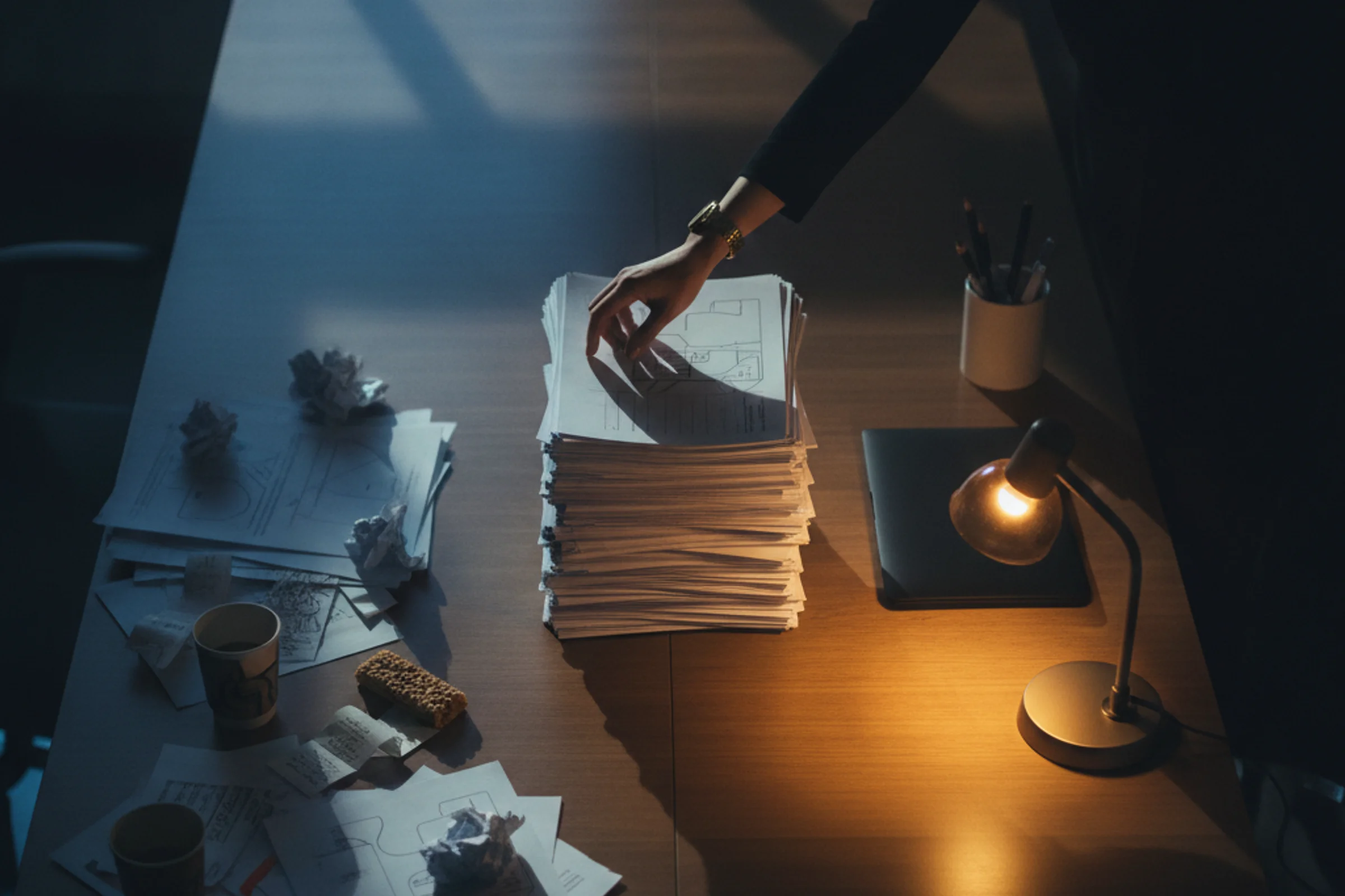 Controller reviewing stacks of invoices at desk with computer showing invoice processing automation software interface