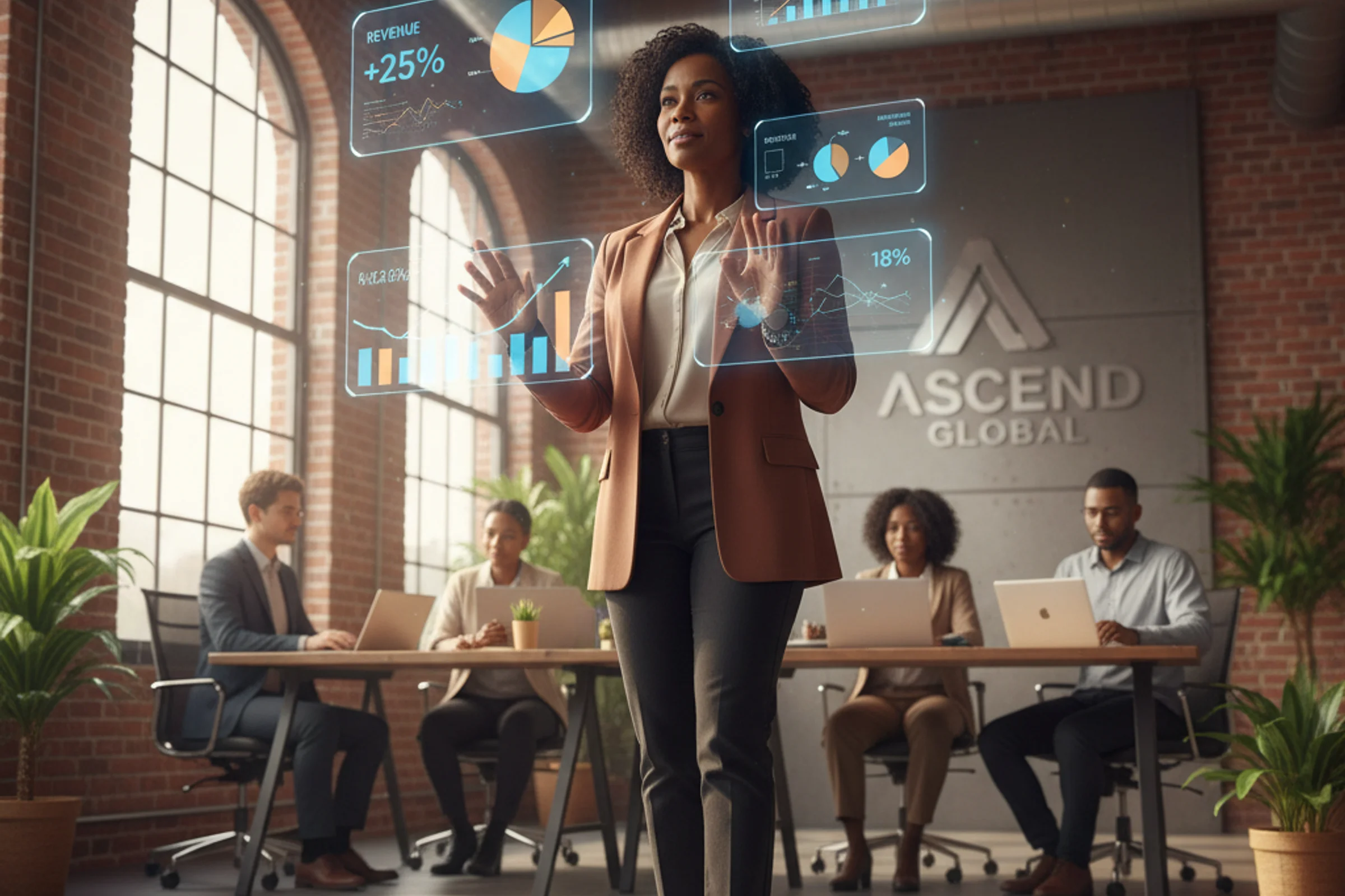 Business owner analyzing financial data on laptop with AI-powered dashboards displaying revenue metrics and forecasting ch...