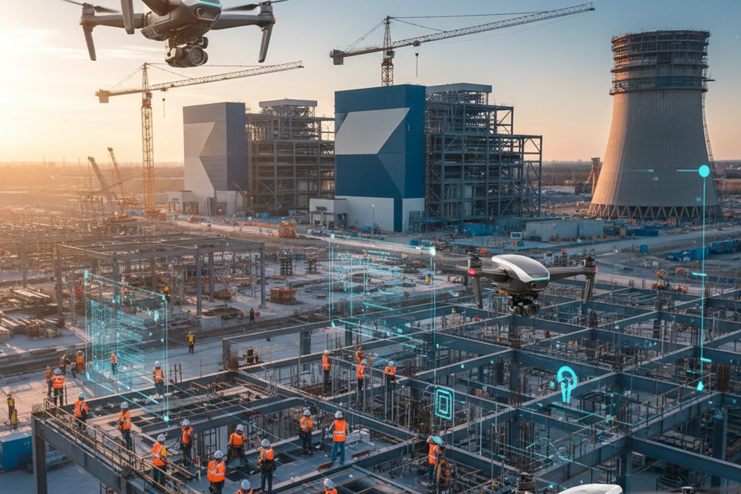 Cantiere edile con tecnologia AI che analizza costi e produttività in tempo reale