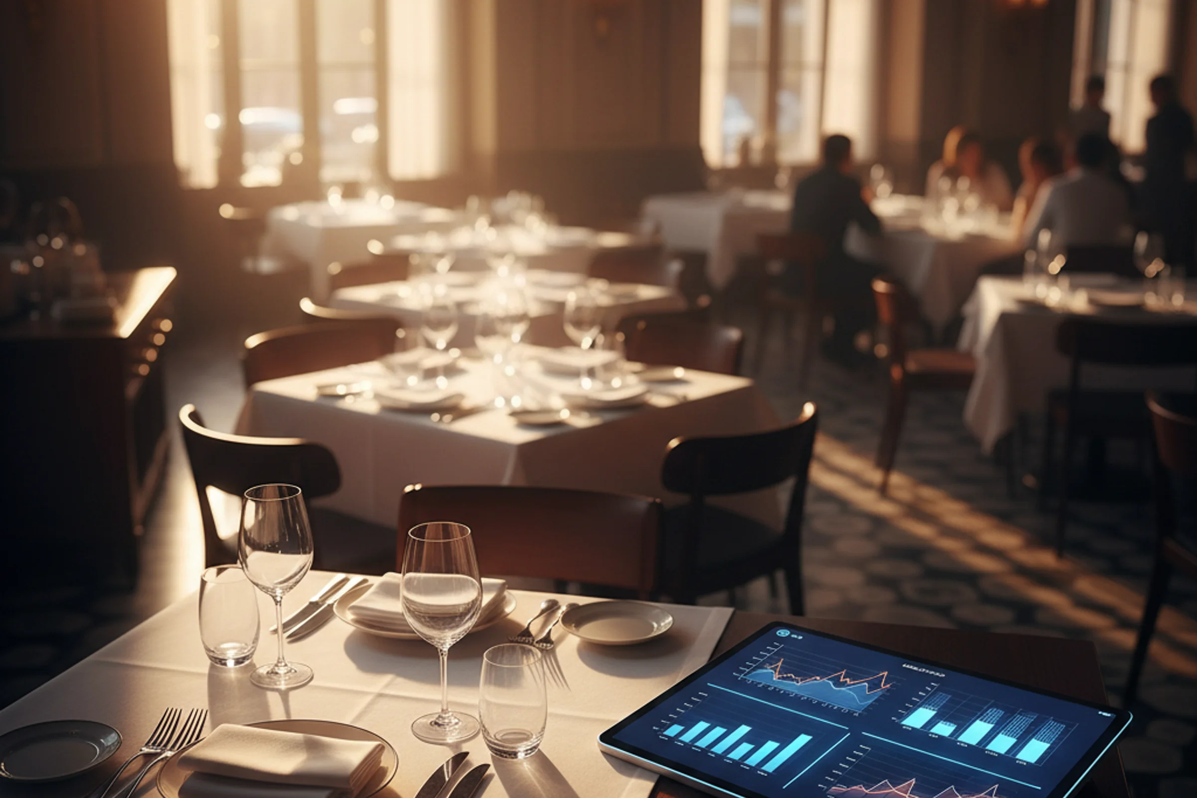 Imprenditore ristoratore davanti a locale pieno che affronta problemi di cash flow e gestione finanziaria