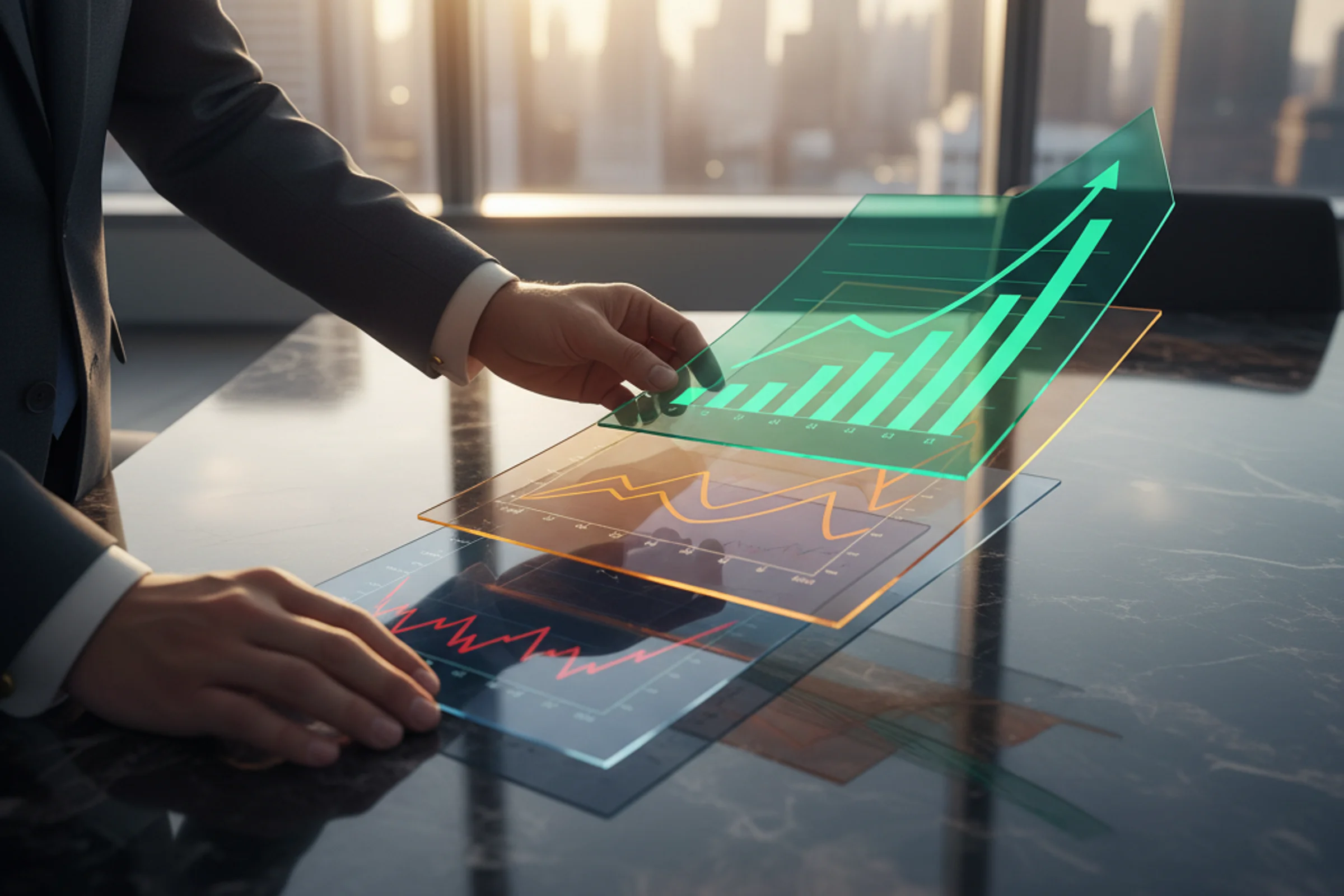 Financial charts and graphs showing business turnaround analysis with declining revenue trends and recovery metrics