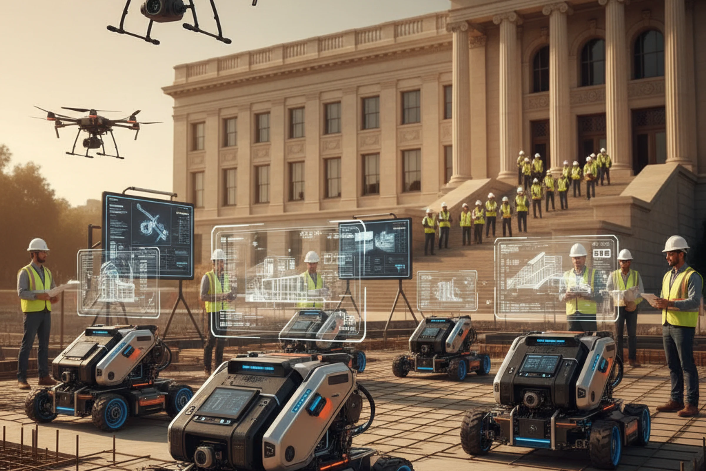 Construction worker reviewing financial documents on tablet at job site with unfinished building in background