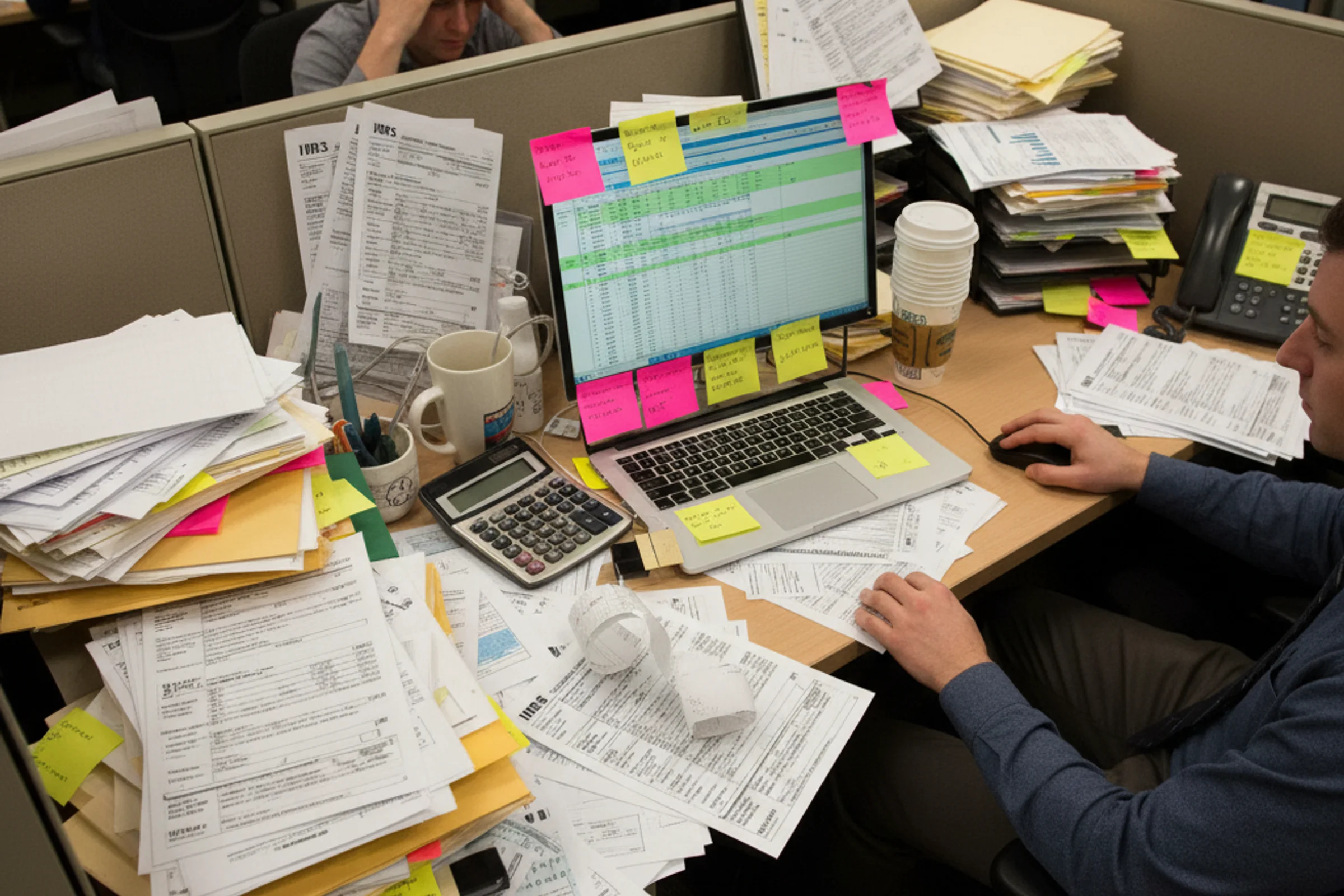 Commercialista al computer con dashboard AI per controllo fiscale automatizzato che sostituisce cassetto fiscale ed Excel