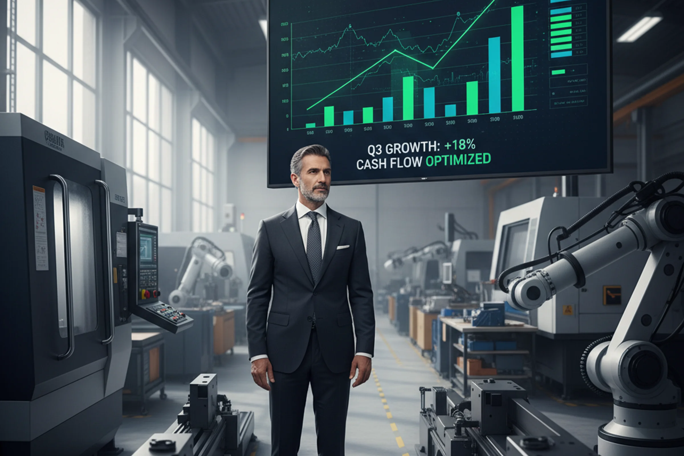 Imprenditore analizza dashboard finanziari aziendali per controllo di gestione e pianificazione cash flow