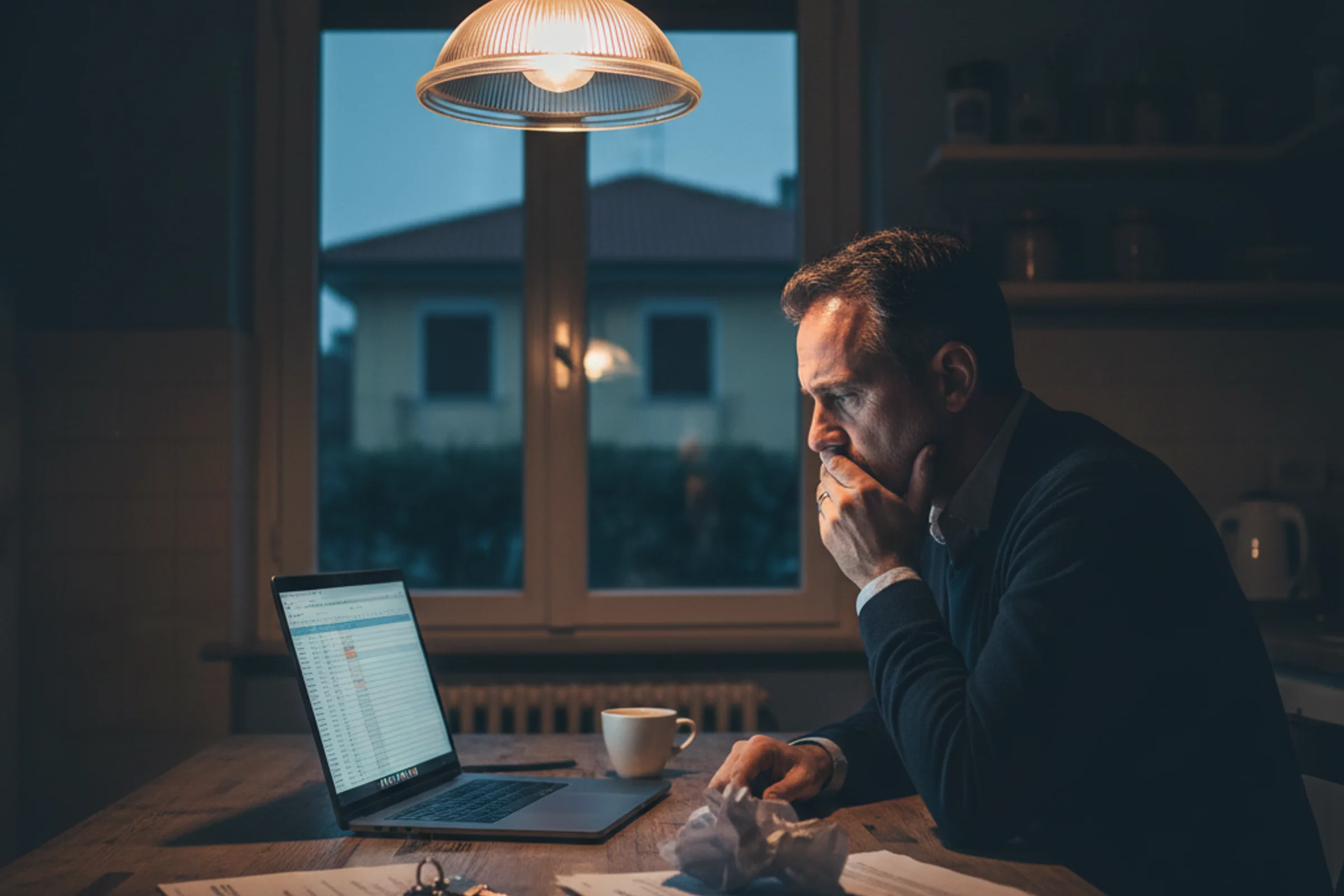 Amministratore preoccupato osserva documenti bilancio società con errori contabili evidenziati