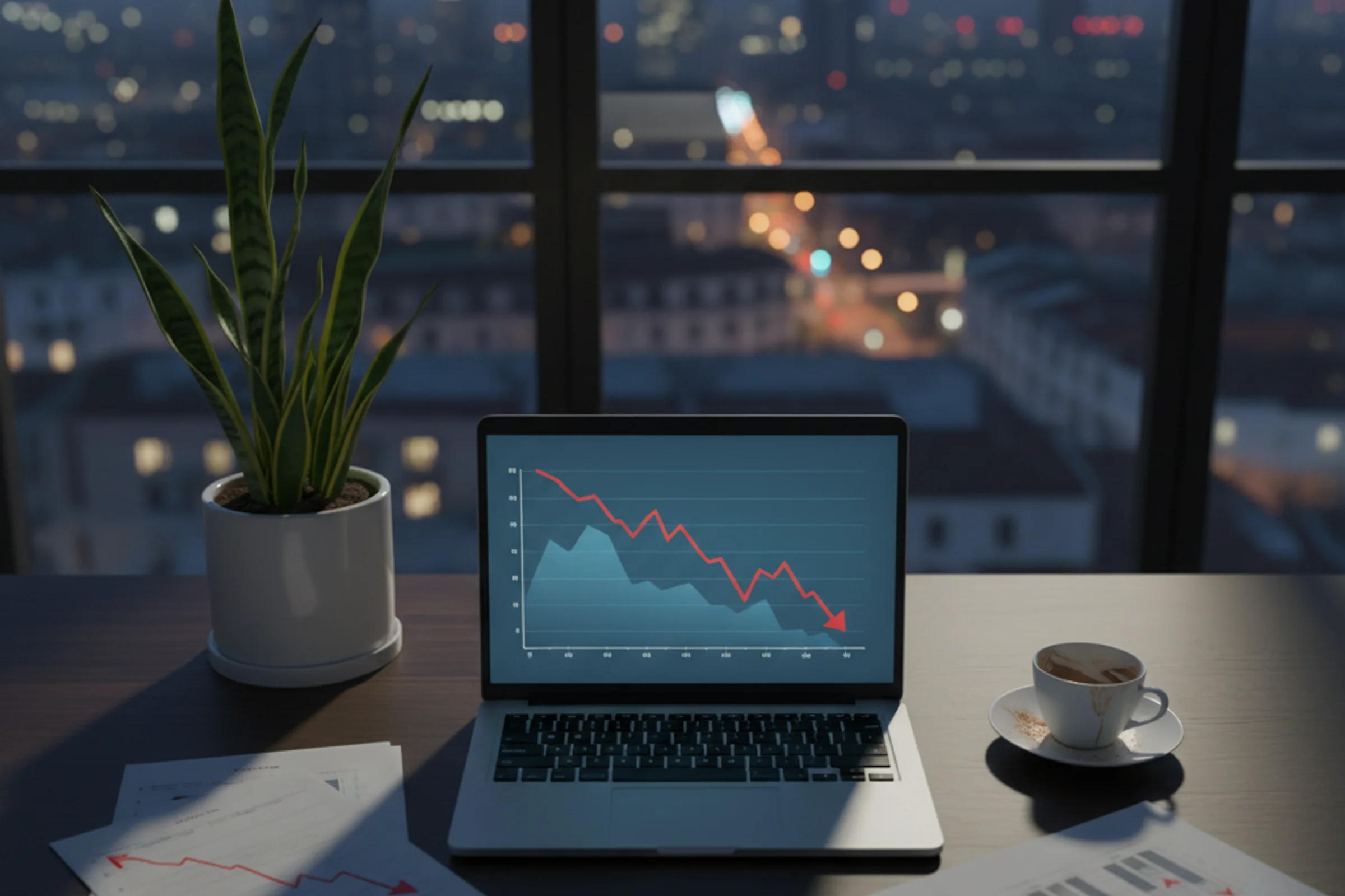 Dashboard finanziaria con grafici in calo e indicatori di alert rossi che mostrano trend negativi in 18 mesi