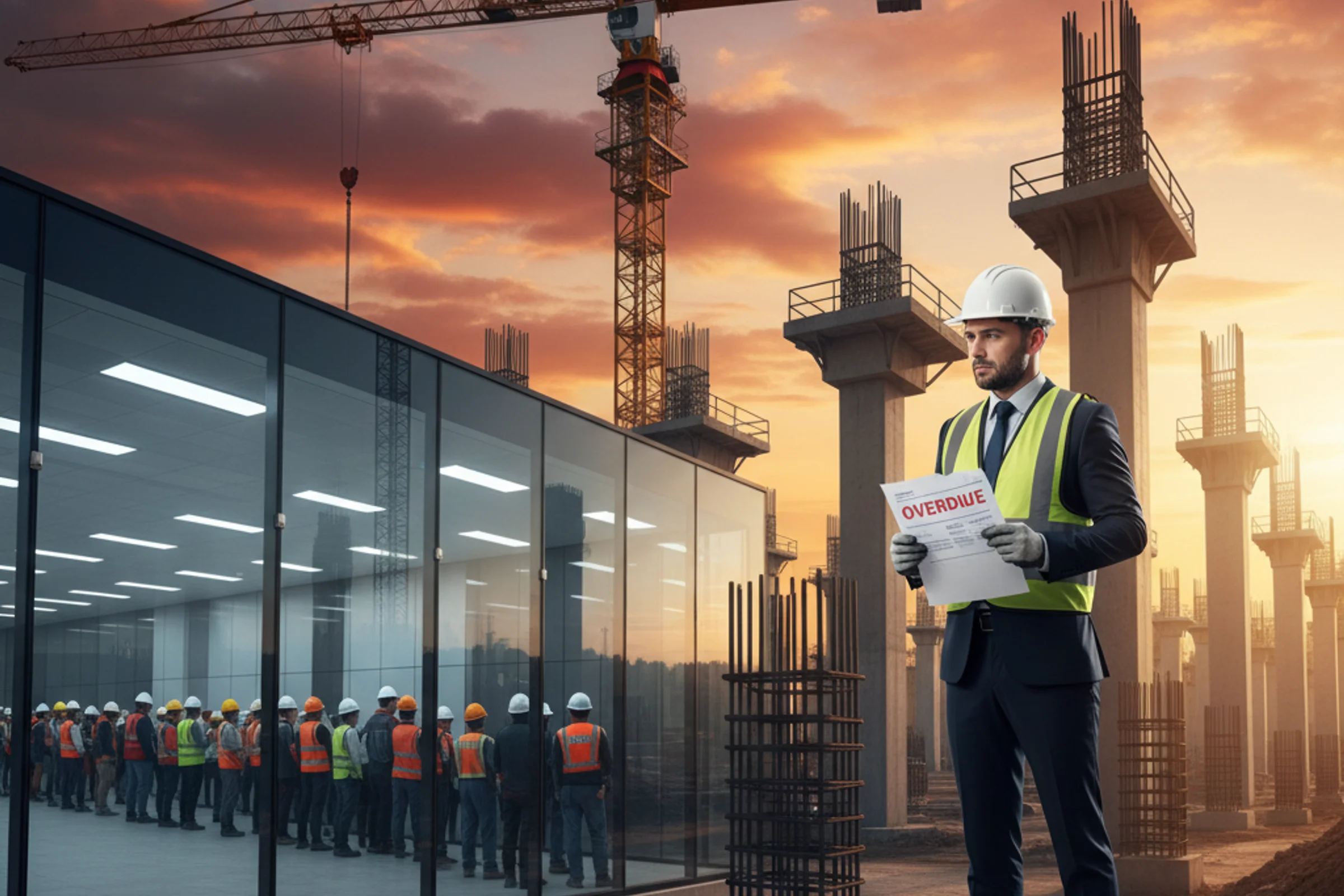 Imprenditore edile analizza flussi di cassa e ritardi pagamenti PA su tablet in cantiere