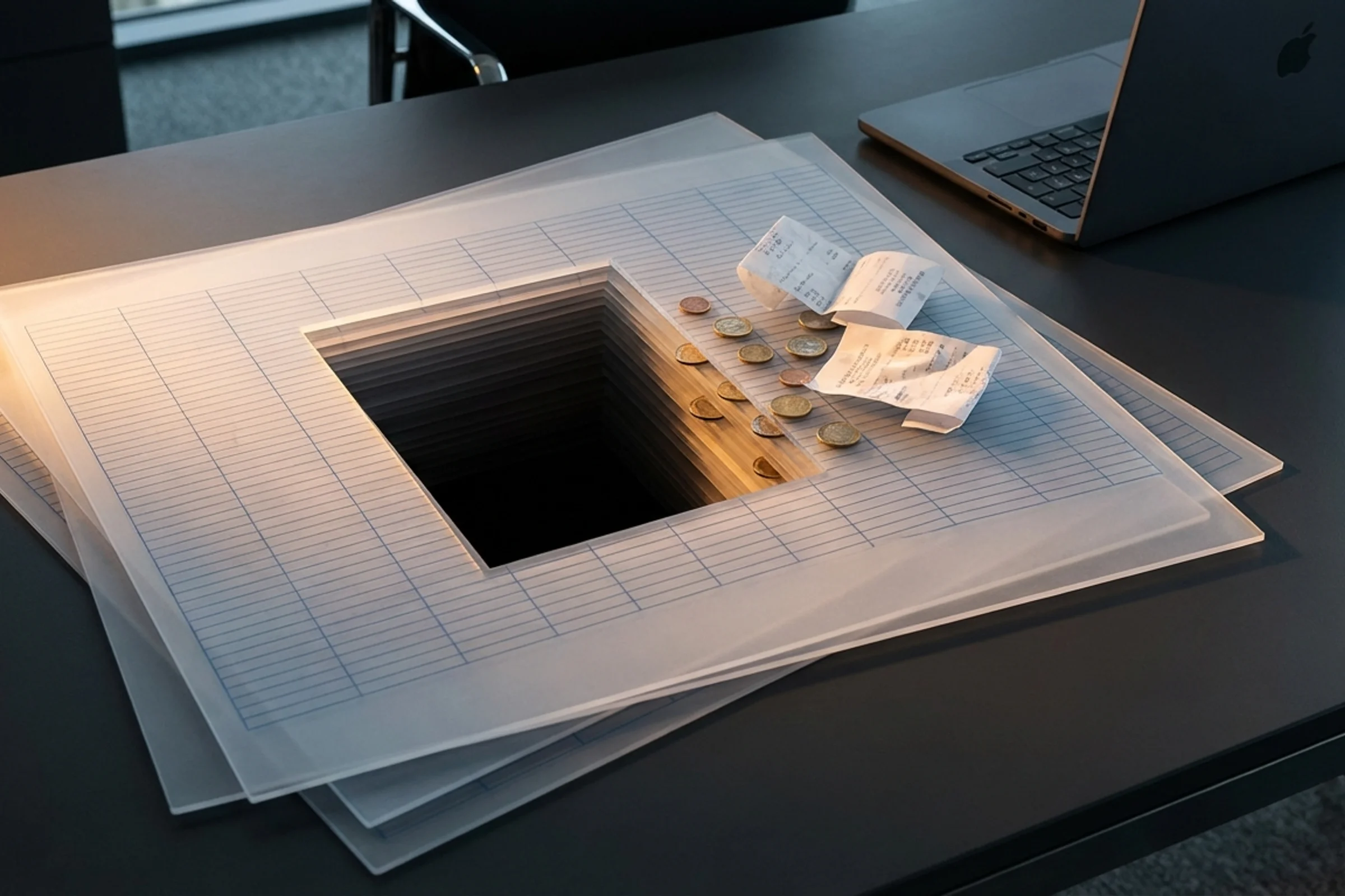 Fogli Excel disorganizzati con evidenziato gap liquidità €41K, metafora gestione finanziaria PMI eventi inefficace