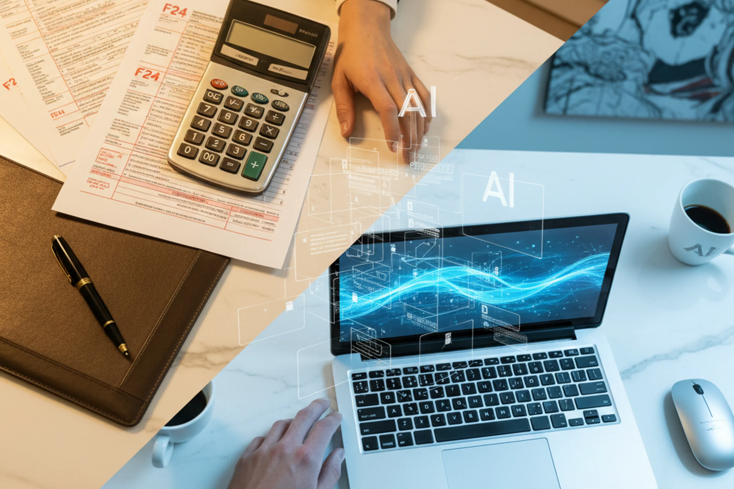 Imprenditore analizza modello F24 con documenti fiscali e calcolatrice sulla scrivania