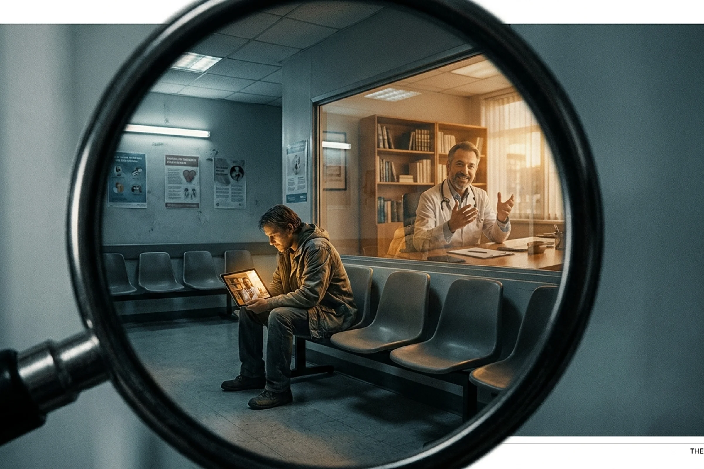 Patient using smartphone to consult AI healthcare chatbot while waiting in modern medical office