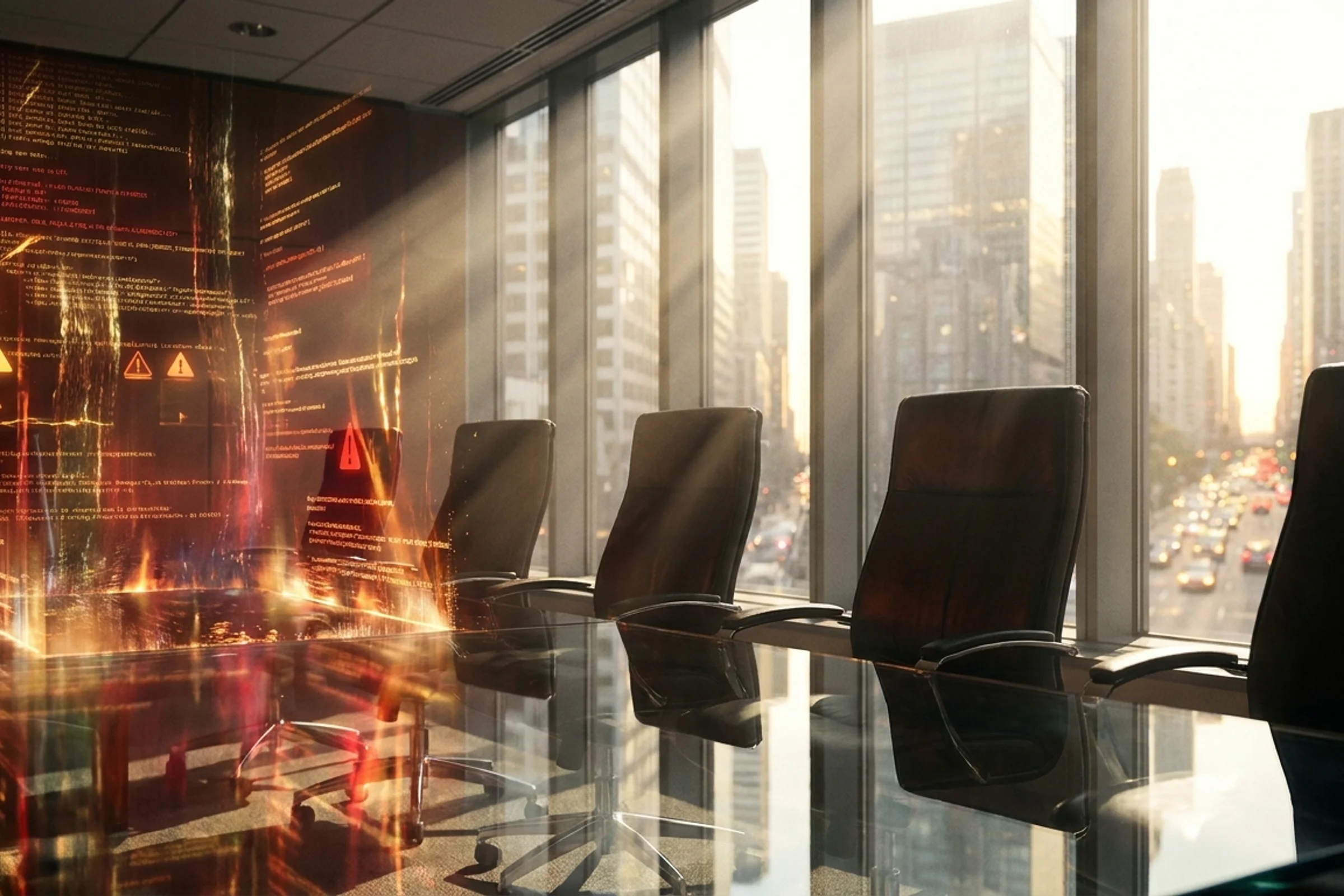 Modern conference room with holographic AI code displays overlaying glass table and city skyline view