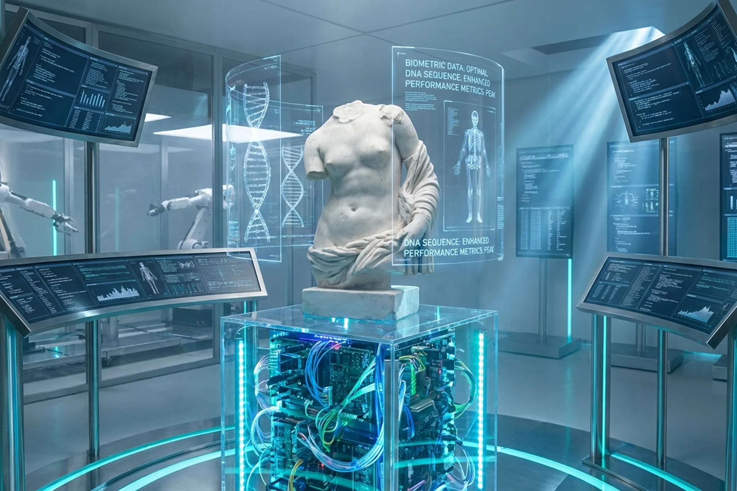 Executive reviewing longevity biomarker data on screen representing Silicon Valley's investment in anti-aging technology