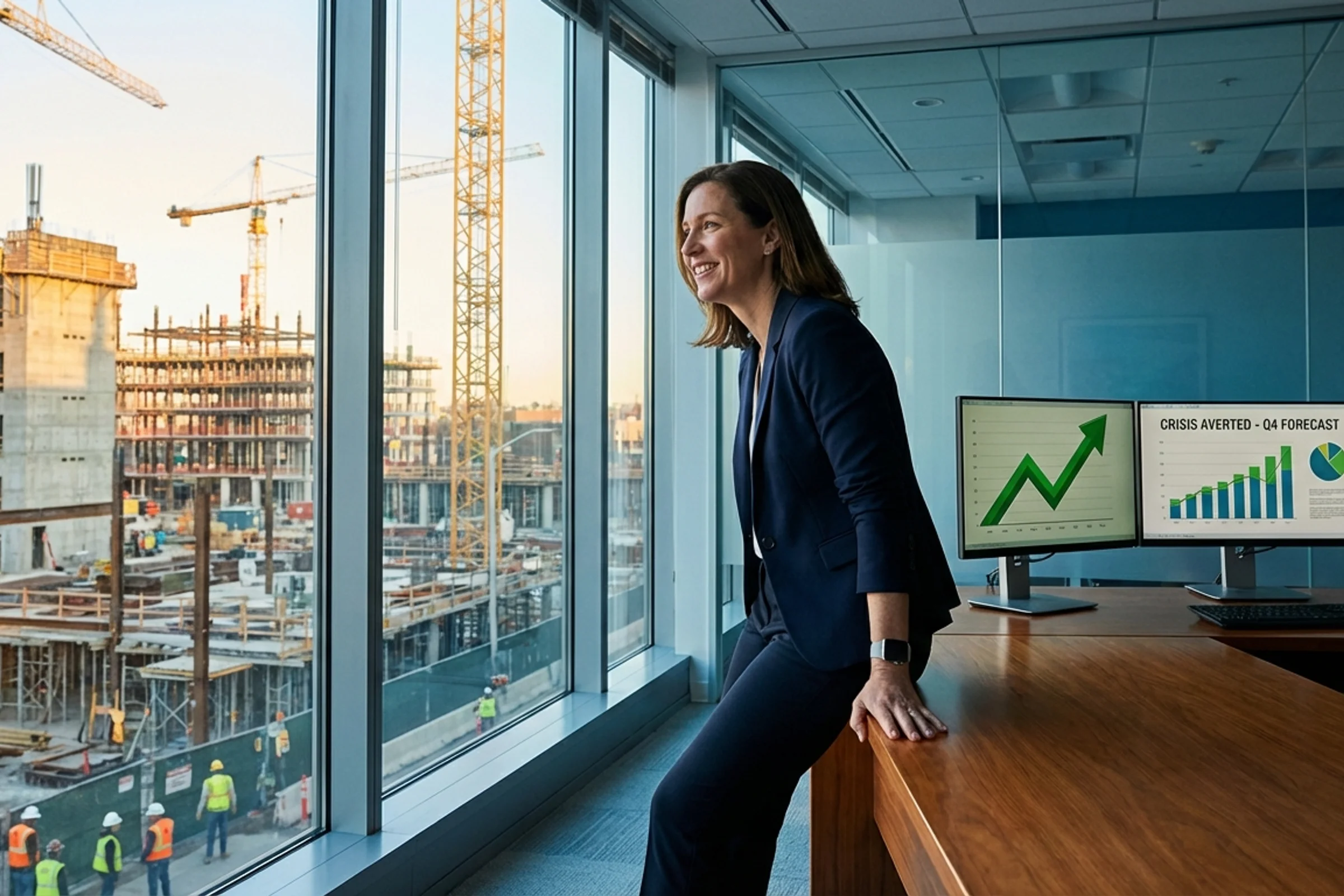 CEO azienda costruzioni preoccupato analizza rischi sanzioni compliance CIG appalti pubblici su computer ufficio