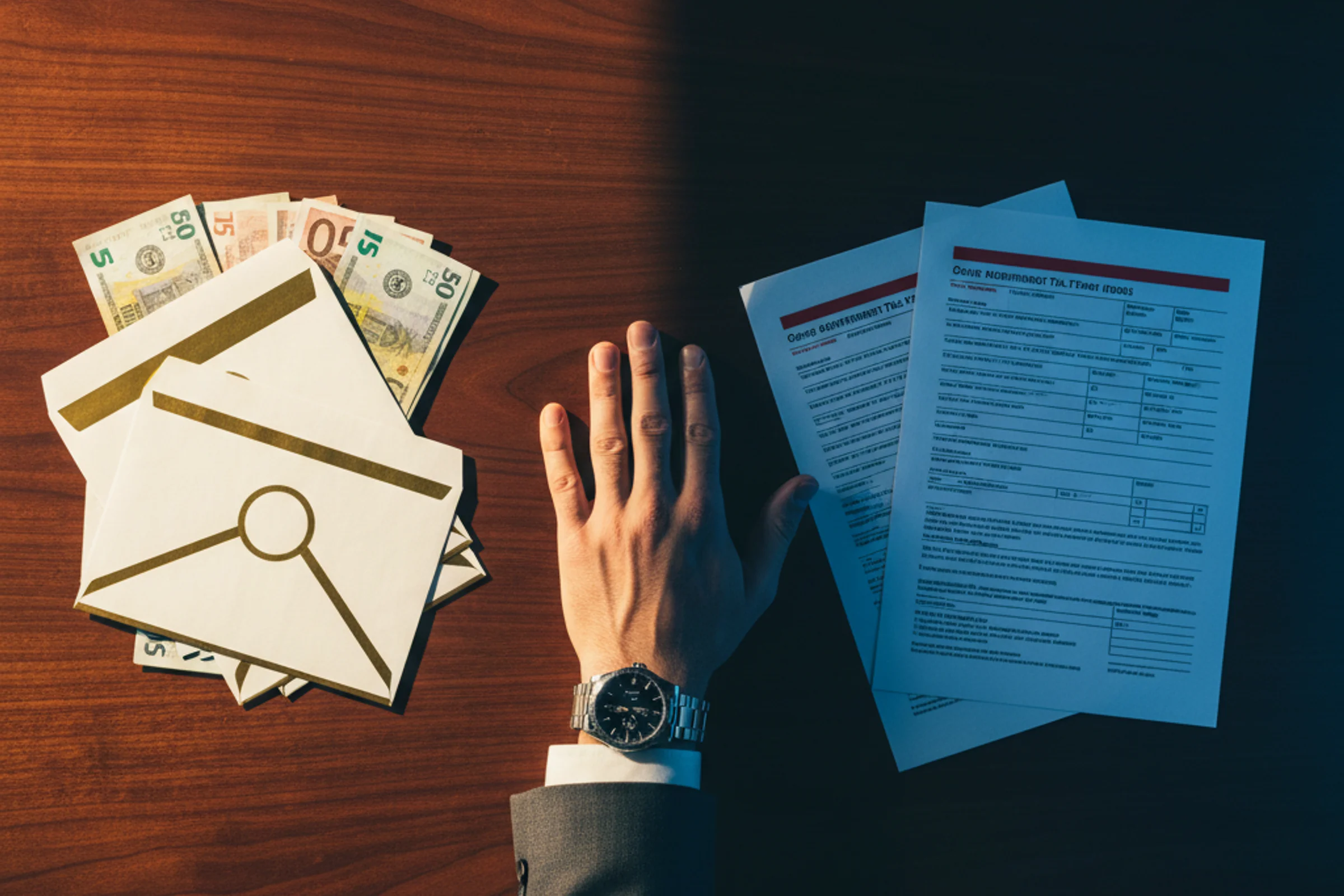 Imprenditore in difficoltà davanti a documenti di debiti fiscali azienda e buste paga dipendenti