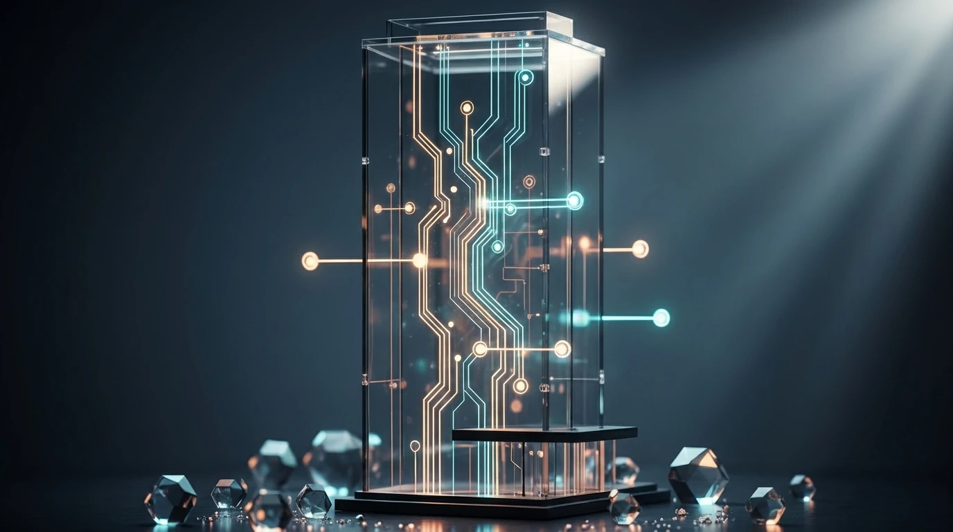 Futuristic circuit board display in glass case with diamond accents.