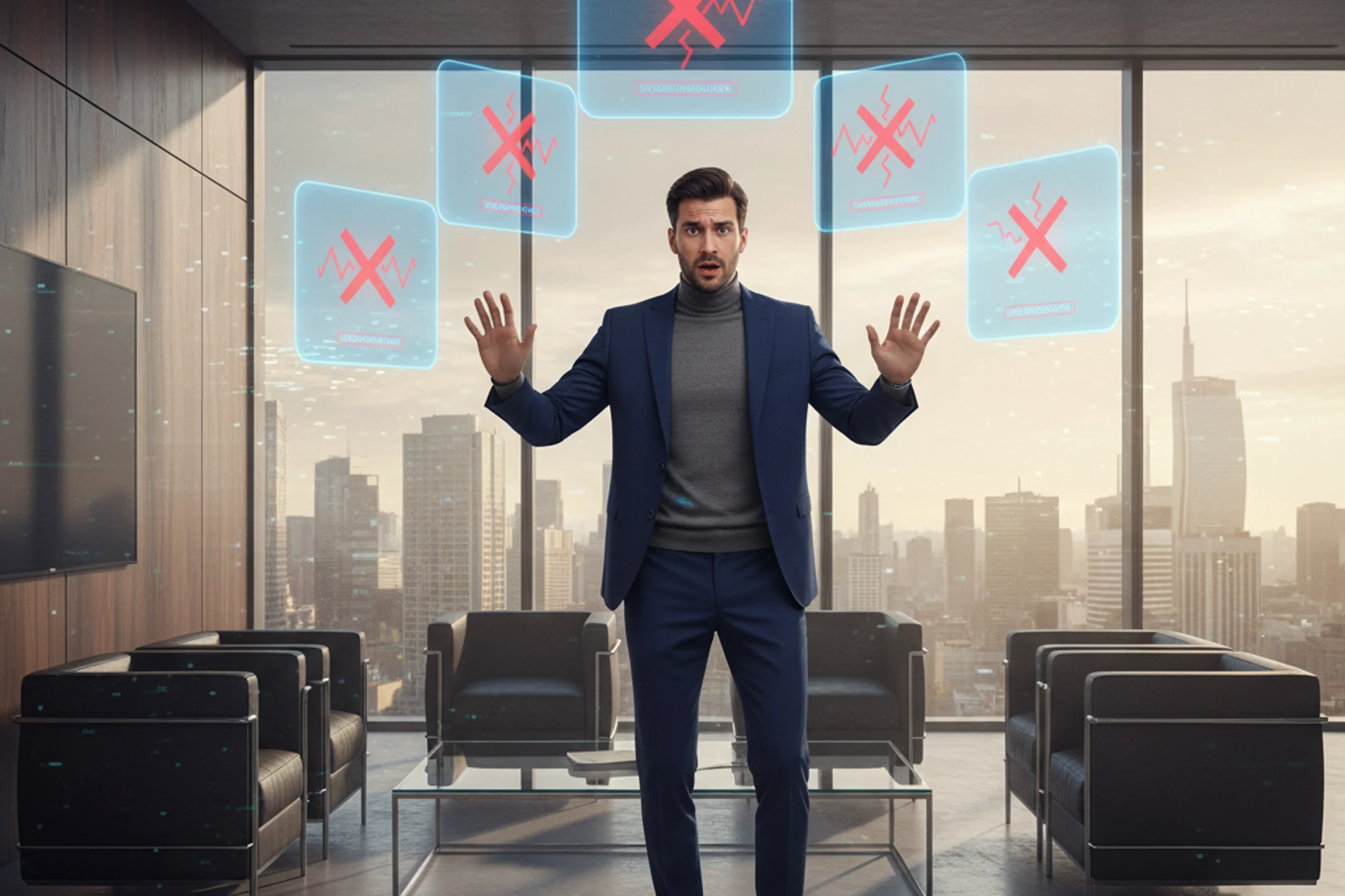 Commercialista stressato davanti a monitor multipli con dati finanziari e dashboard complesse nello studio