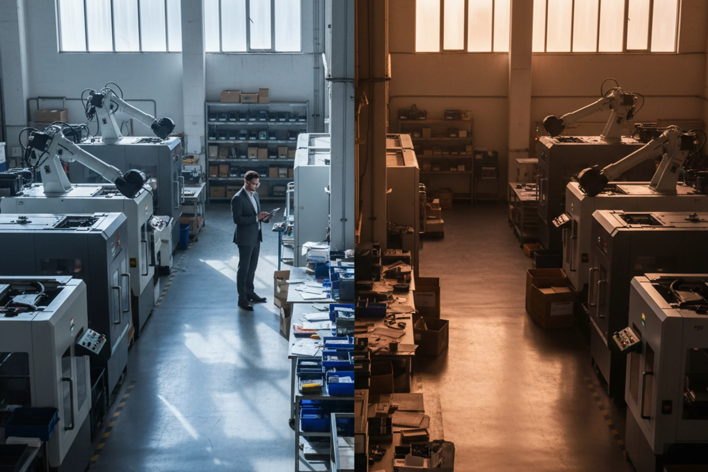 Due imprenditori PMI manifatturiere confrontano documenti finanziari in sala d'attesa bancaria