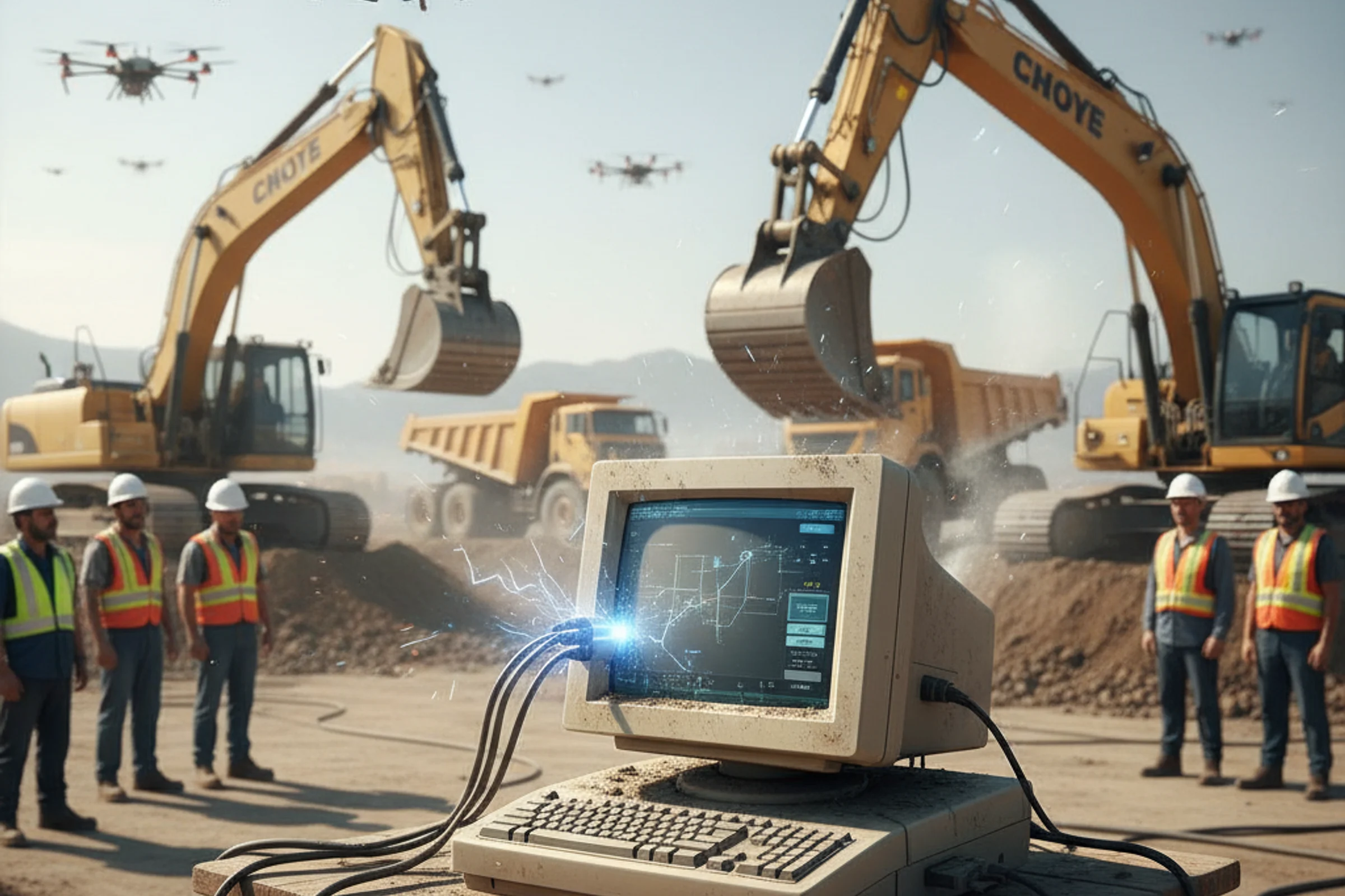 Imprenditore edile analizza documenti finanziari con preoccupazione davanti a monitor che mostra dati contabili dispersi