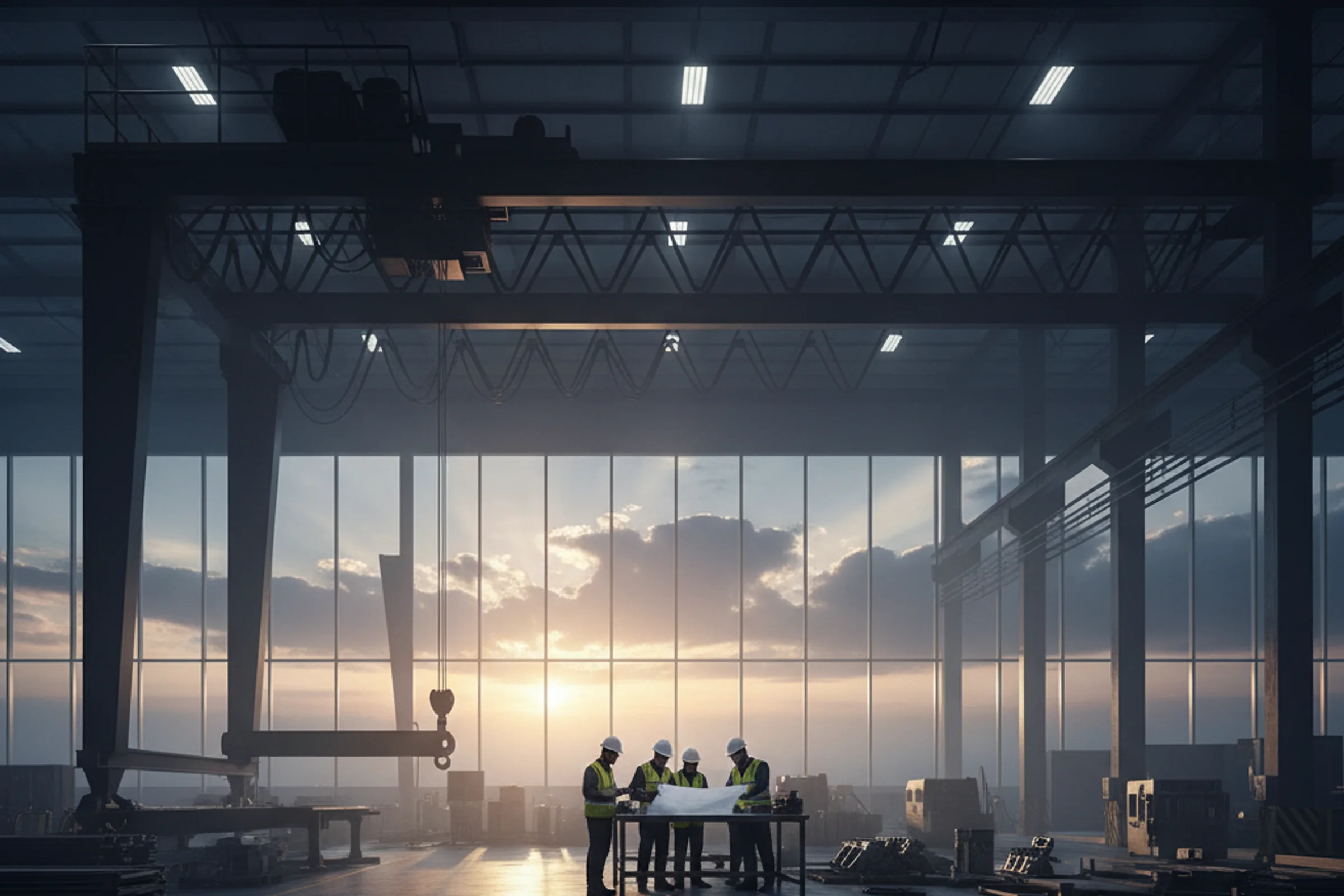 Industrial crane manufacturer facility showing heavy lifting equipment and metalworking operations during economic downturn