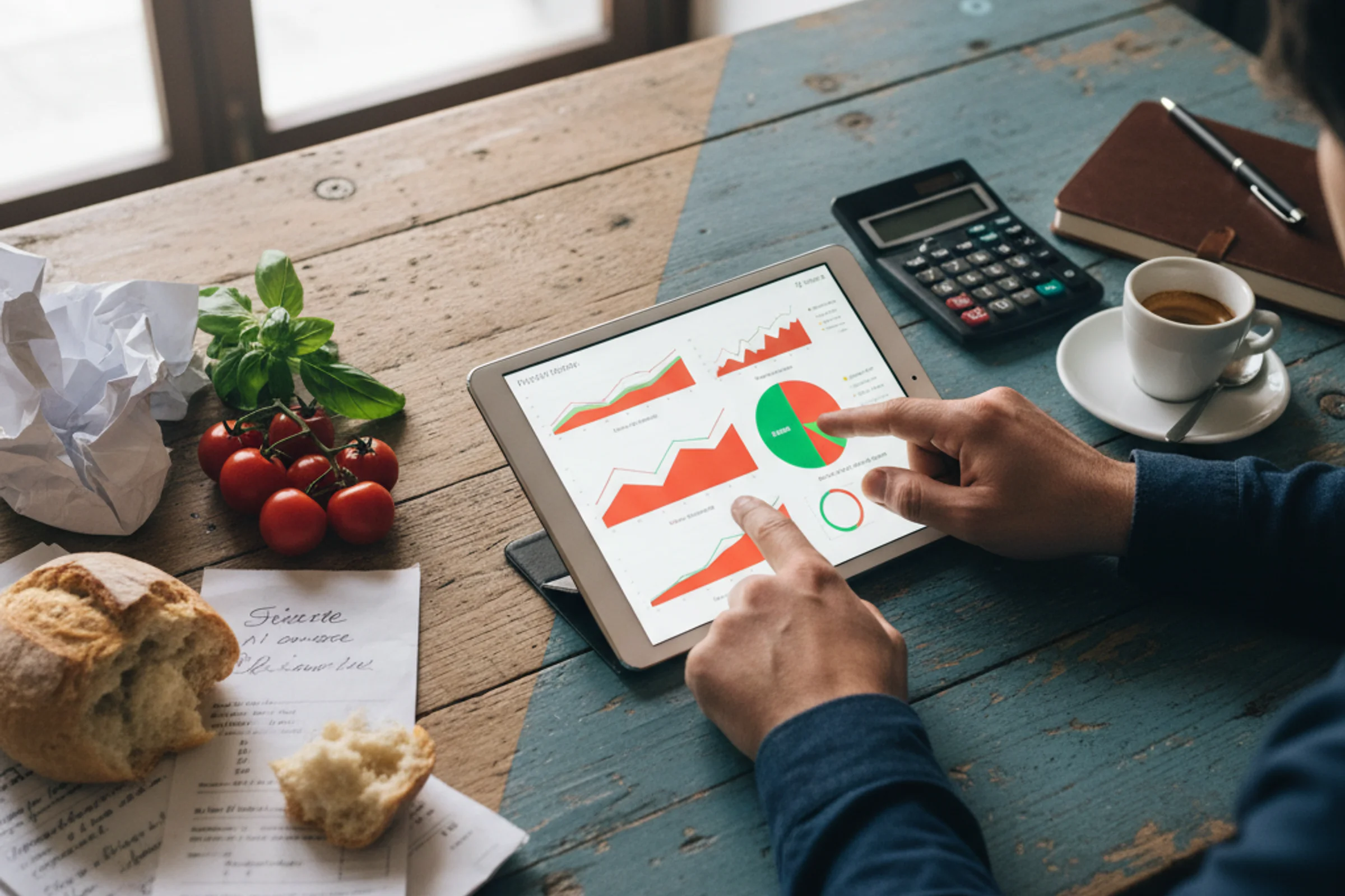 Restaurant owner analyzing menu pricing spreadsheet showing declining profit margins on dishes due to rising food costs