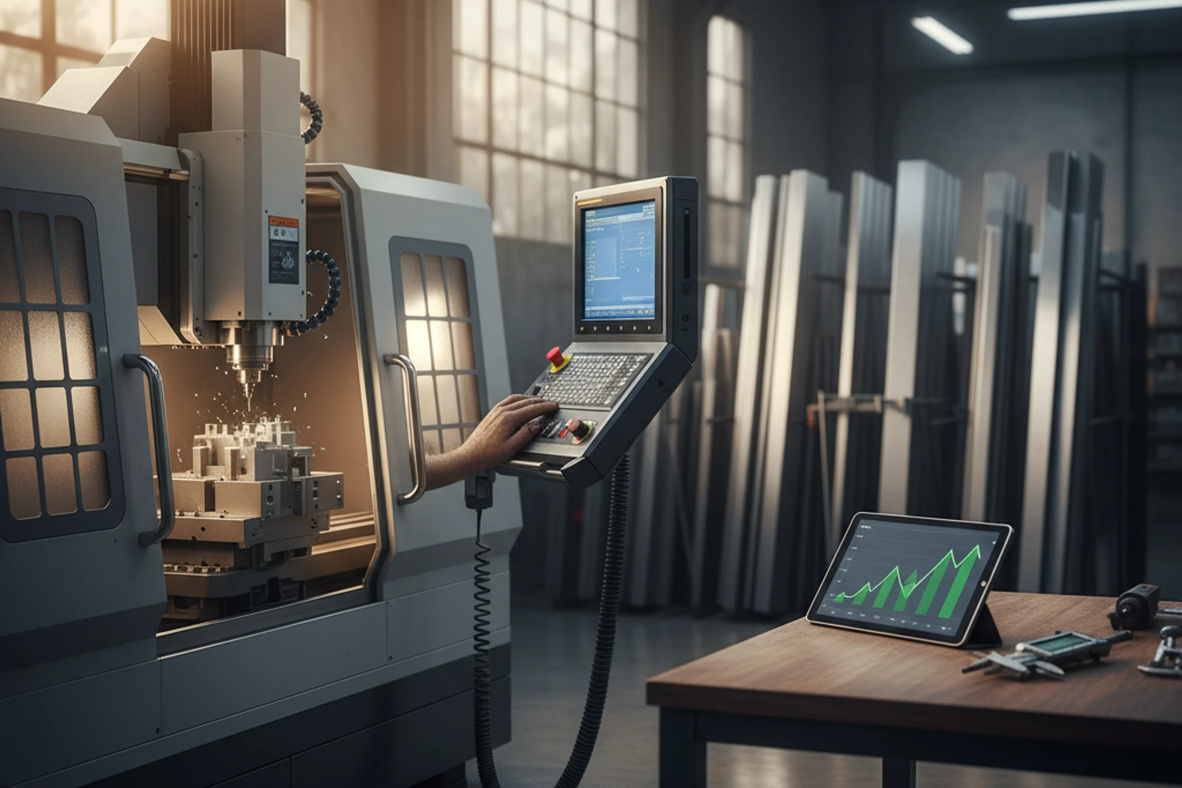 Business owner reviewing financial documents and invoices at metal fabrication shop desk, concerned expression