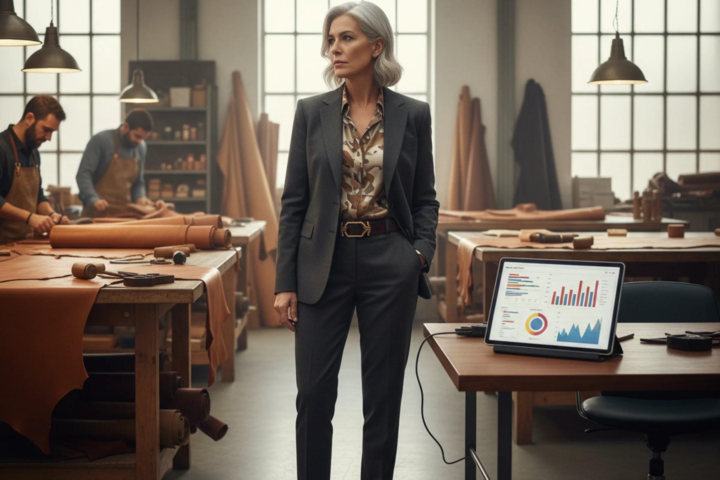 Imprenditrice PMI italiana analizza documenti finanziari con espressione pensierosa davanti a grafici di bilancio