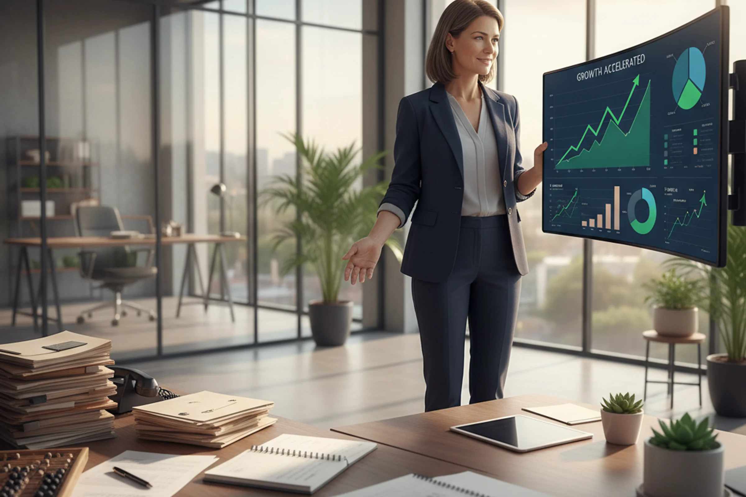 Business owner analyzing financial dashboards showing cash flow improvements and EBITDA growth metrics on computer screen