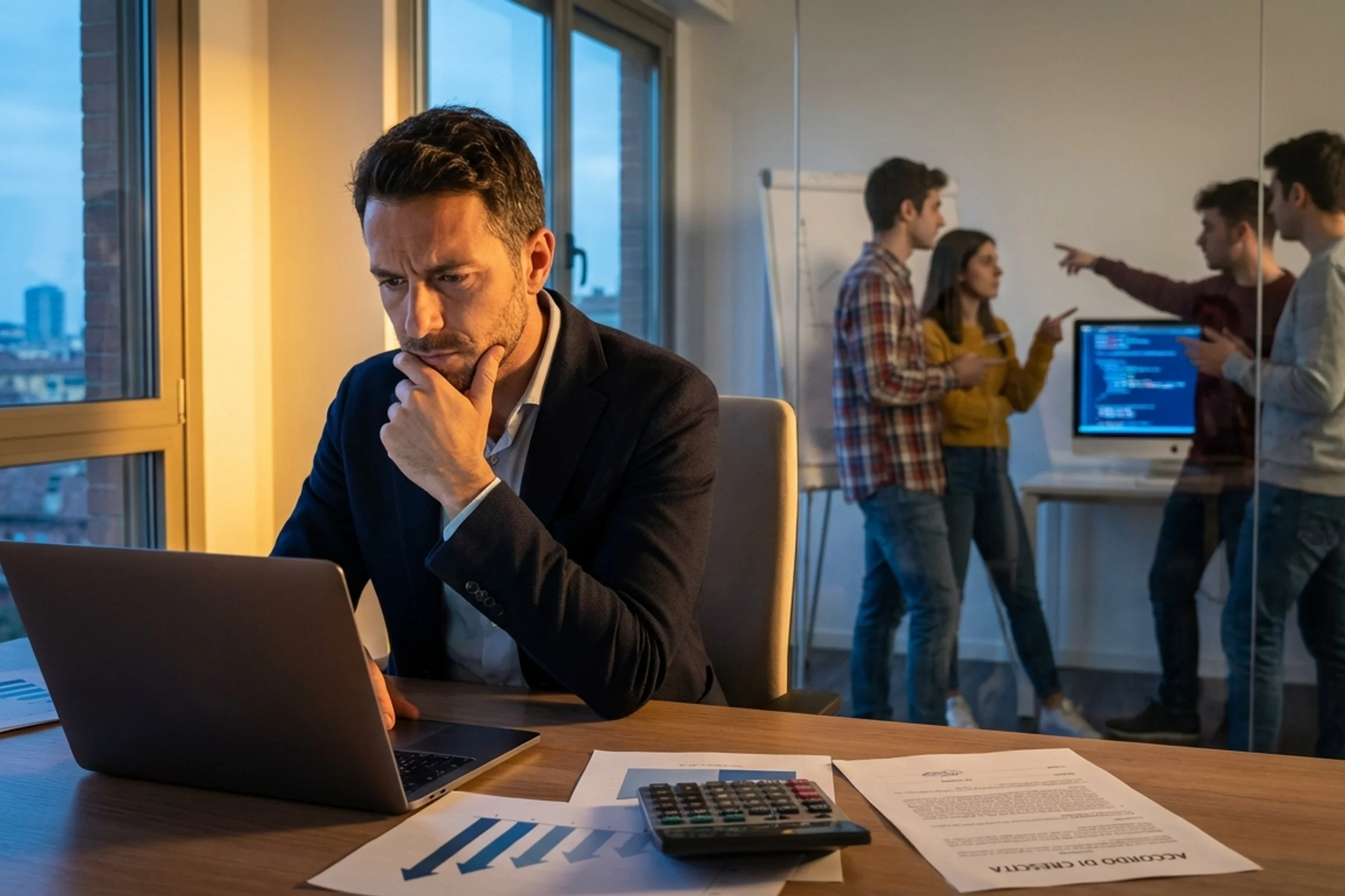 Imprenditore PMI software a Bologna analizza dati finanziari e pipeline progetti, indeciso su assunzione junior d...