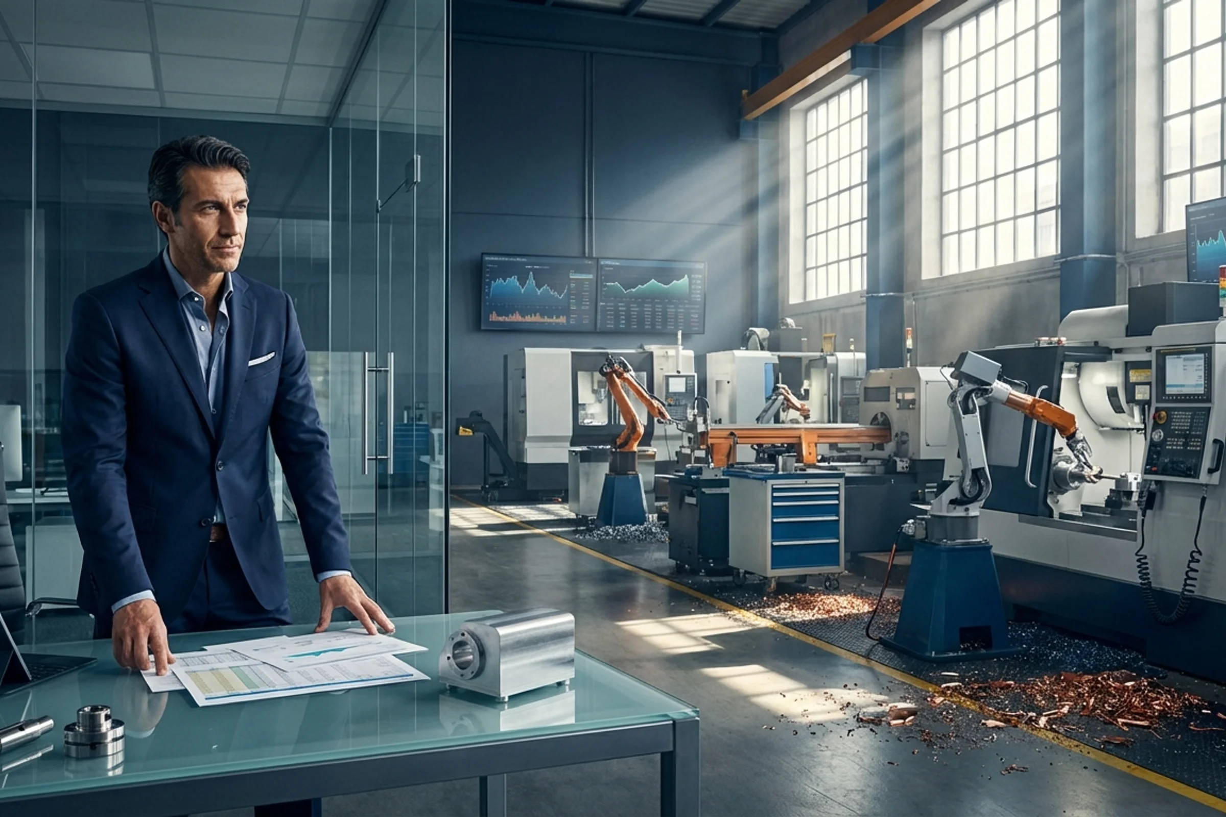 Imprenditore manifatturiero analizza documenti rating bancario e DSCR per richiesta finanziamento aziendale respinta