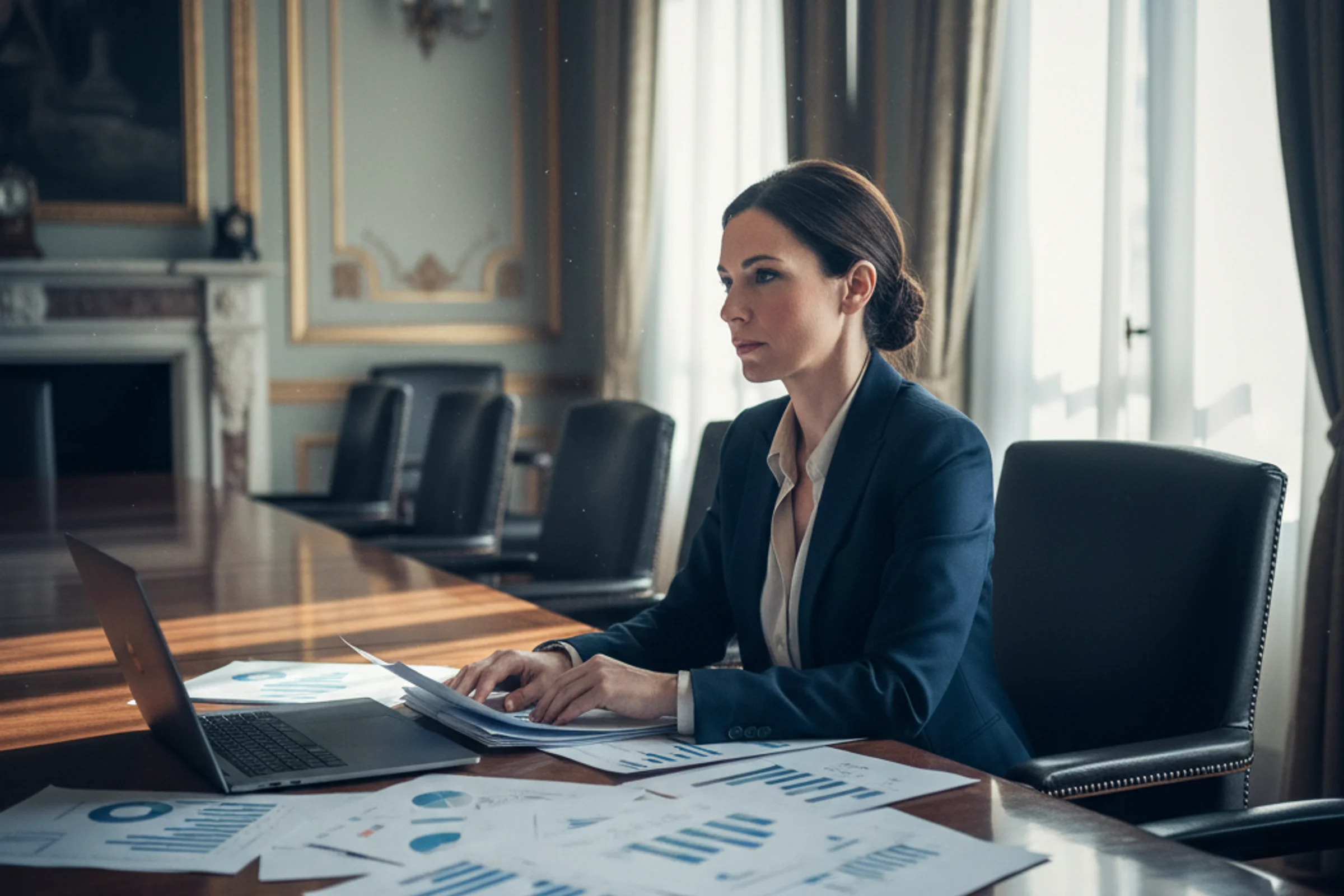 CFO analizza dashboard finanziaria su laptop in sala riunioni moderna, documenti business plan e grafici cash flow su tavolo