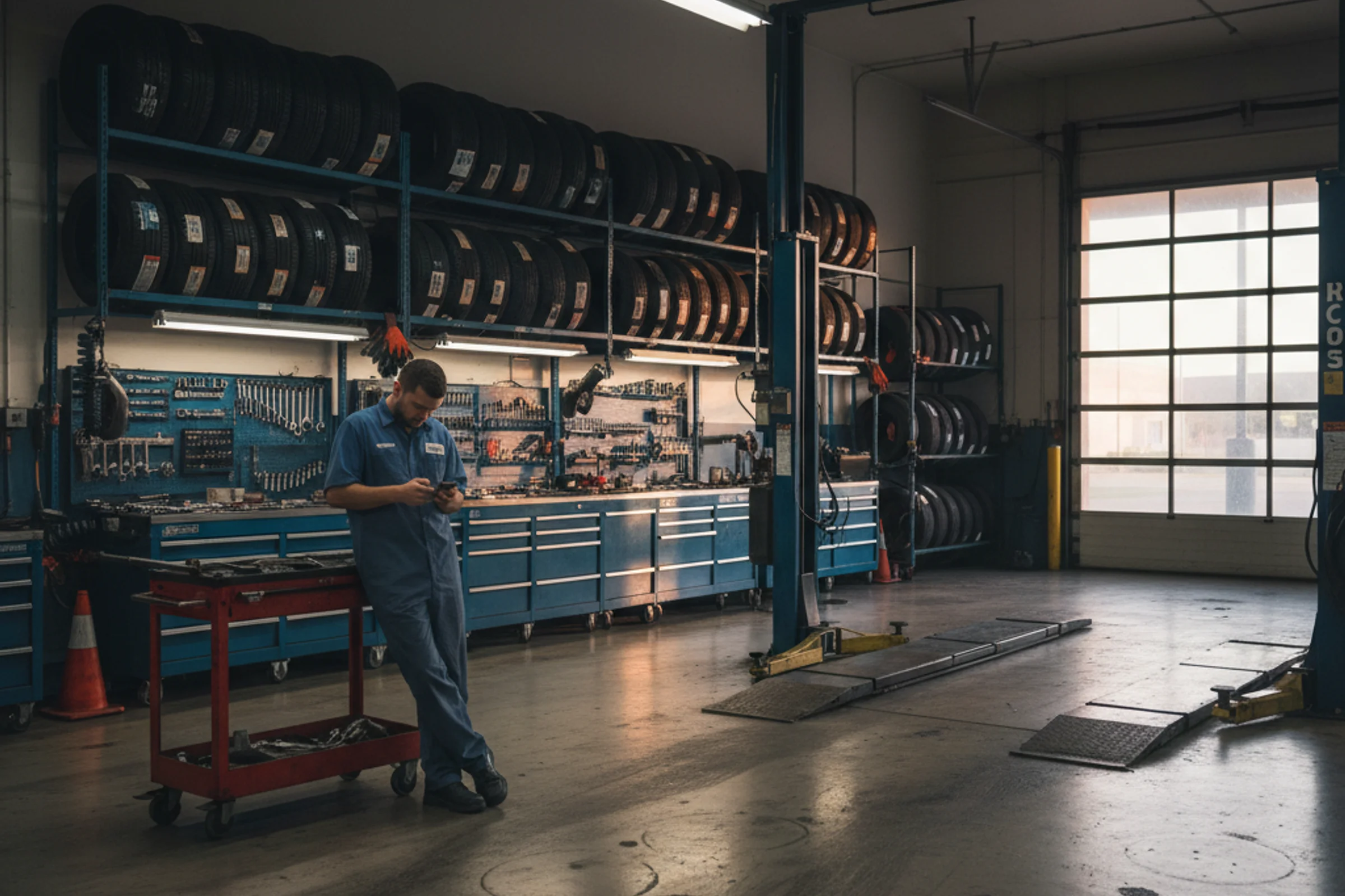 Busy tire shop service bay with technician working while phone calls go unanswered at front desk