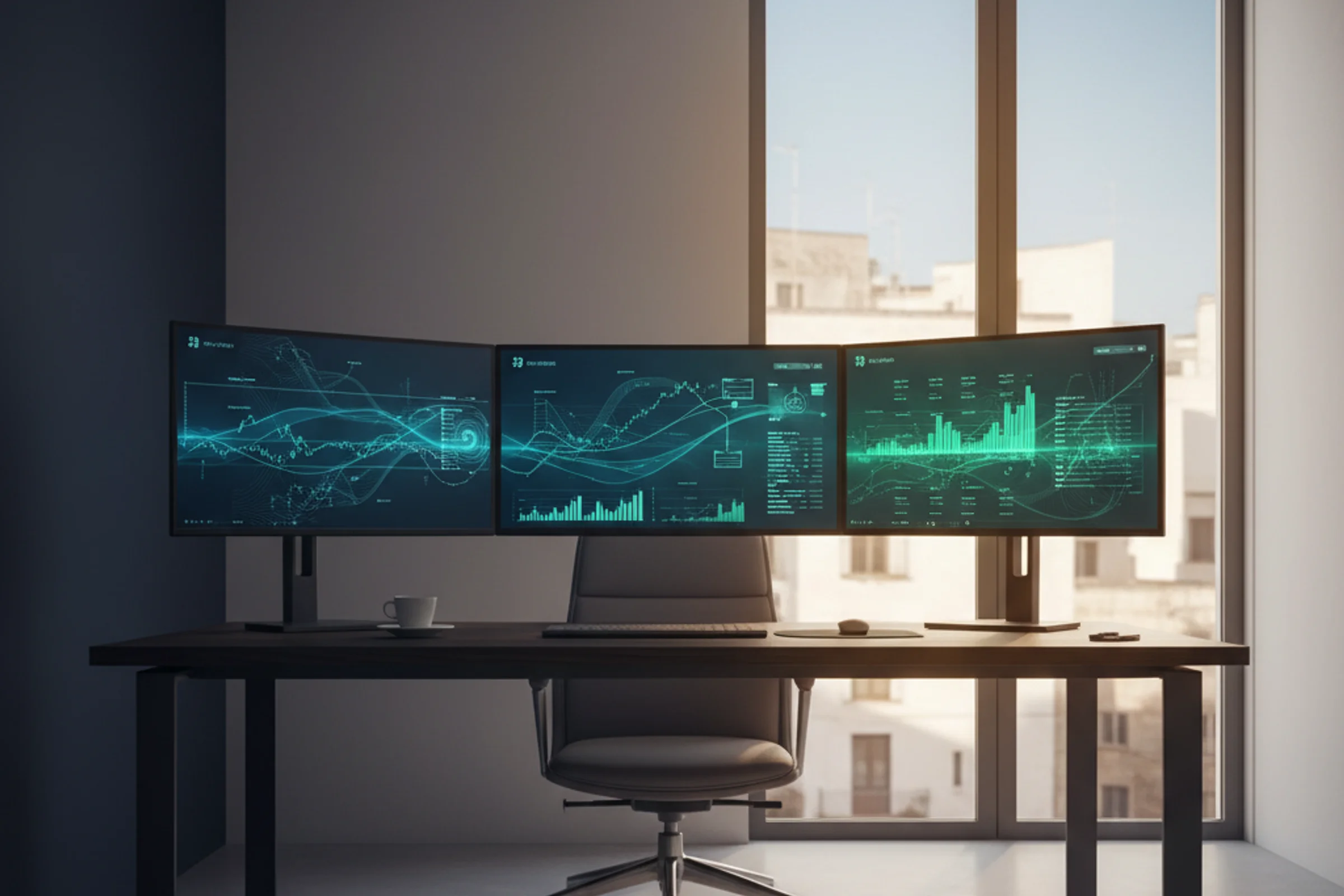 CFO al computer analizza dashboard bancarie multiple su tre monitor per gestione tesoreria aziendale