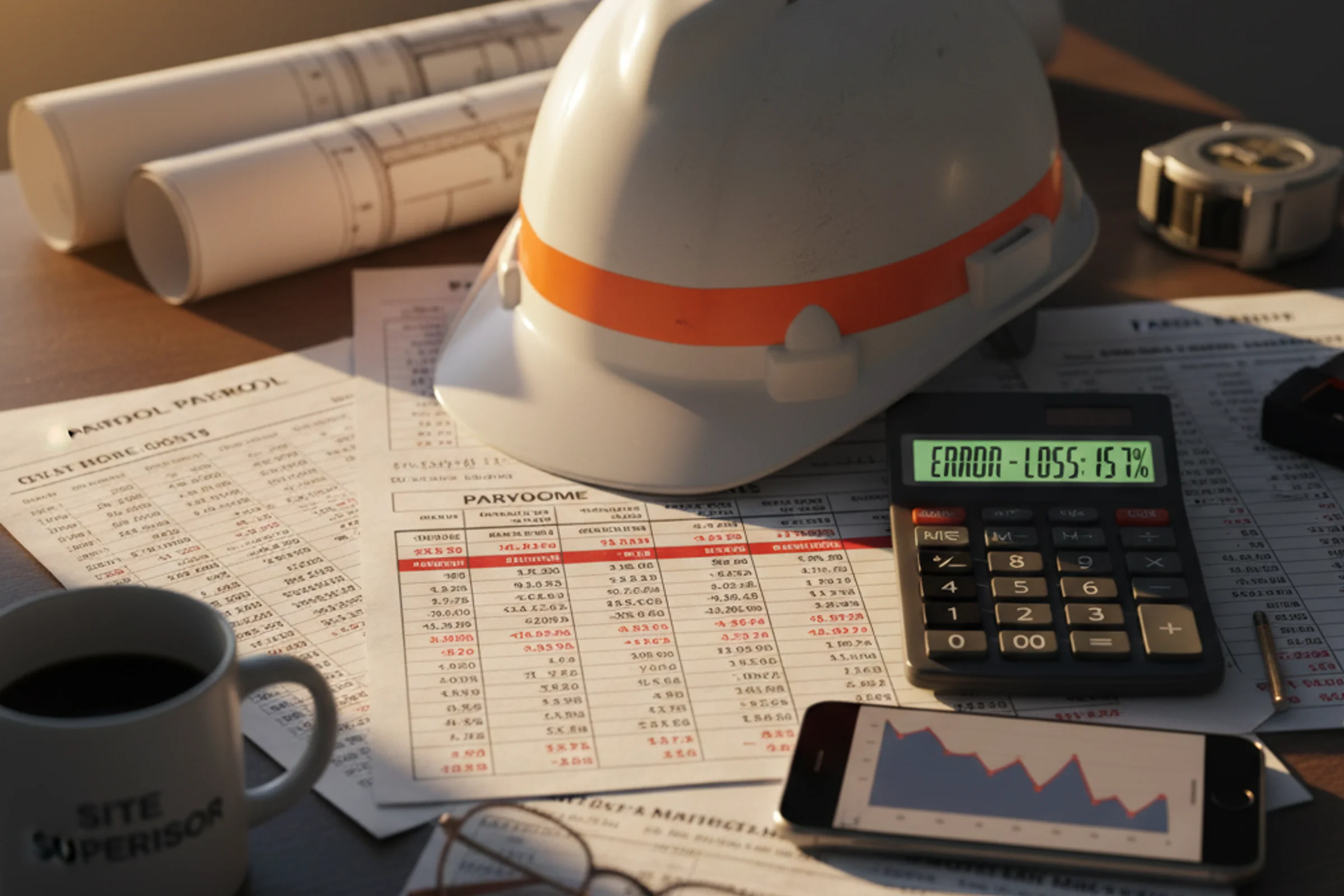 Construction business owner reviewing financial statements showing high payroll costs at desk