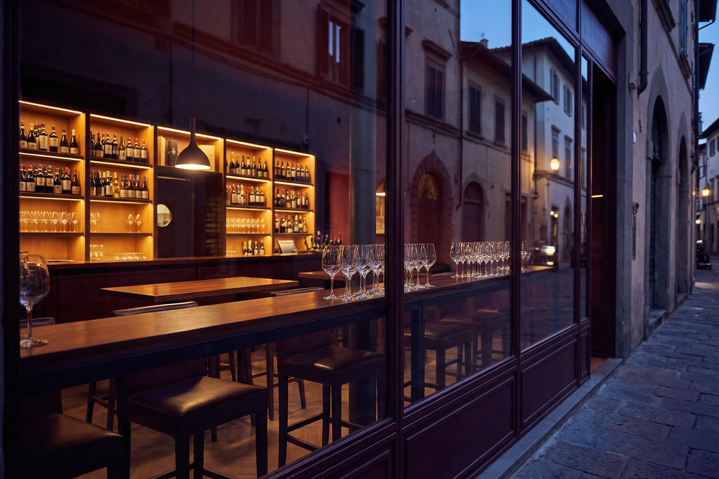 Wine bar con calici di vino rosso e taglieri che mostra segnali di crisi finanziaria nel settore ristorazione