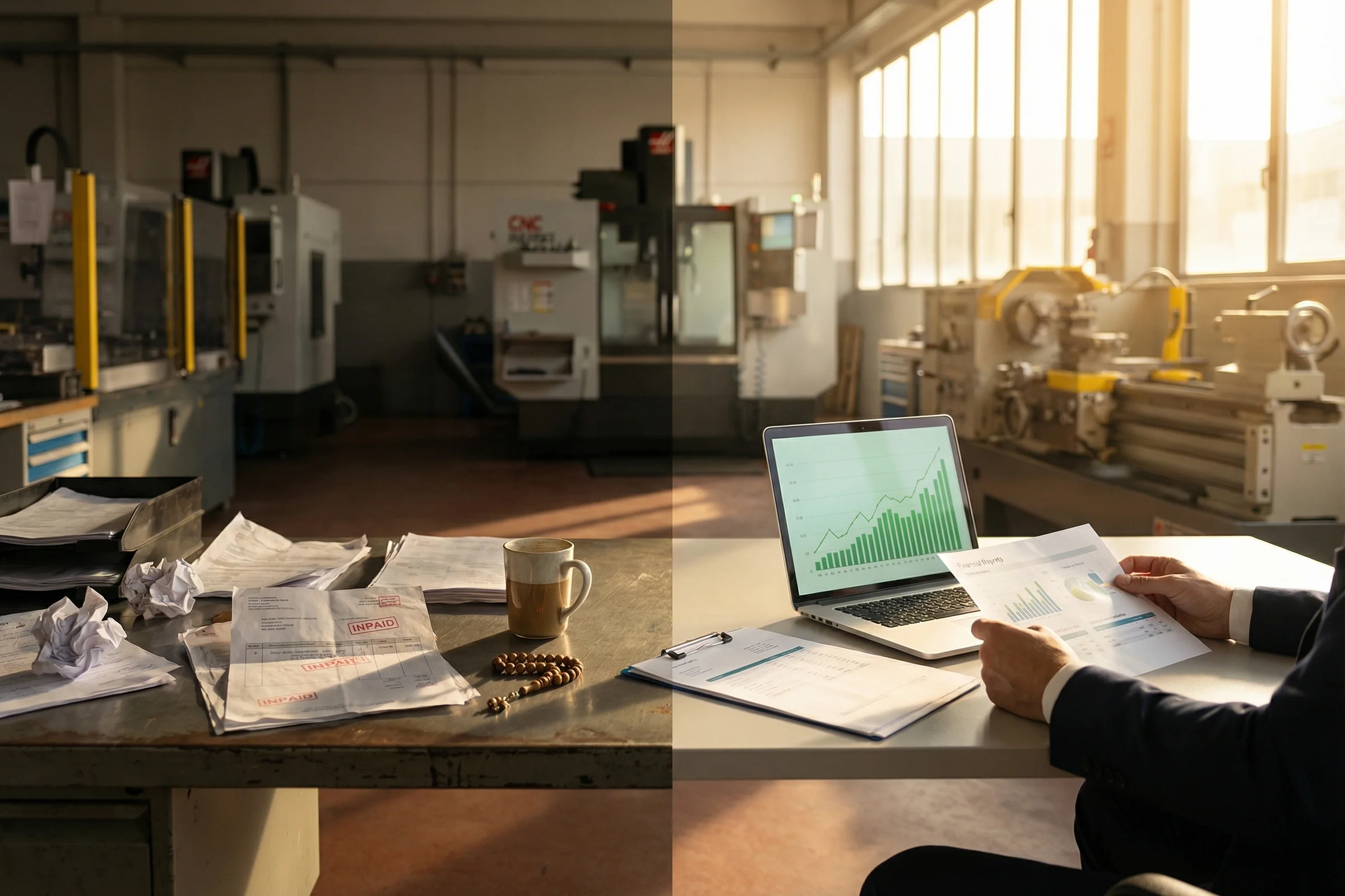 Manager esamina report di fatture e crediti aziendali in ufficio moderno, rappresentando controllo finanziario d'impresa